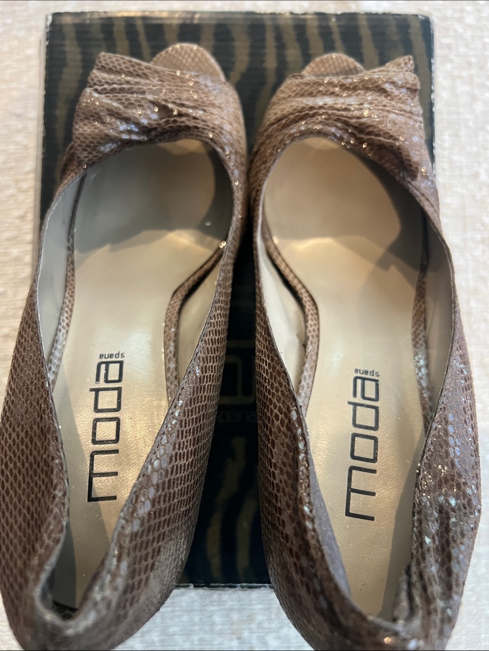Moda Spana Shimmery Taupe Peep-Toe Flats